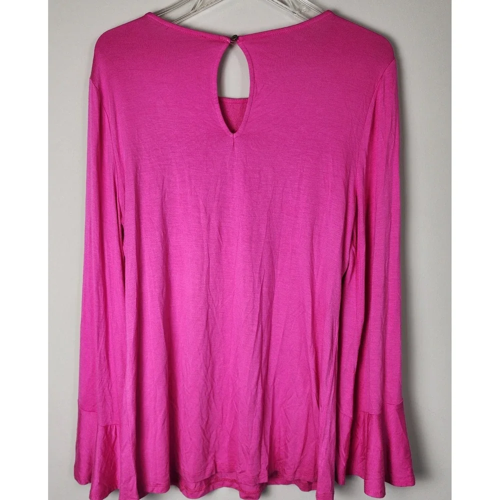 Pink Long Sleeve Top Bell Sleeve‎ Crochet Details Women's Blouse